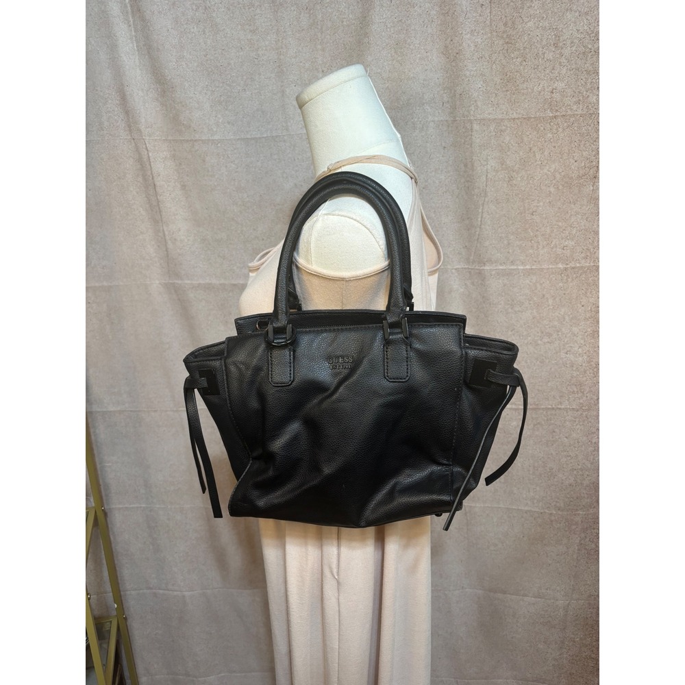 Guess Est 1981 Black Pebbled Satchel Handbag Multi Compartment Tote Bag